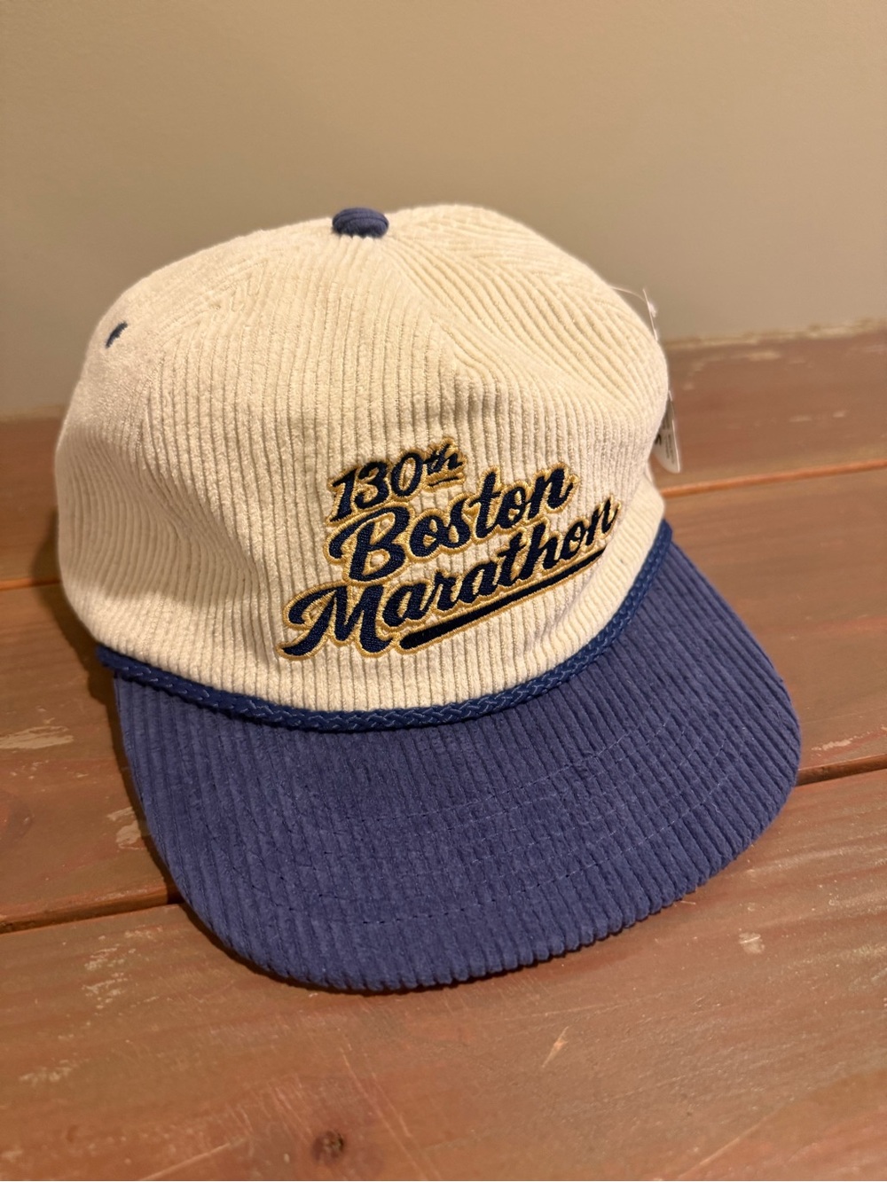 130th Boston Marathon Corduroy Hat in Cream & Navy